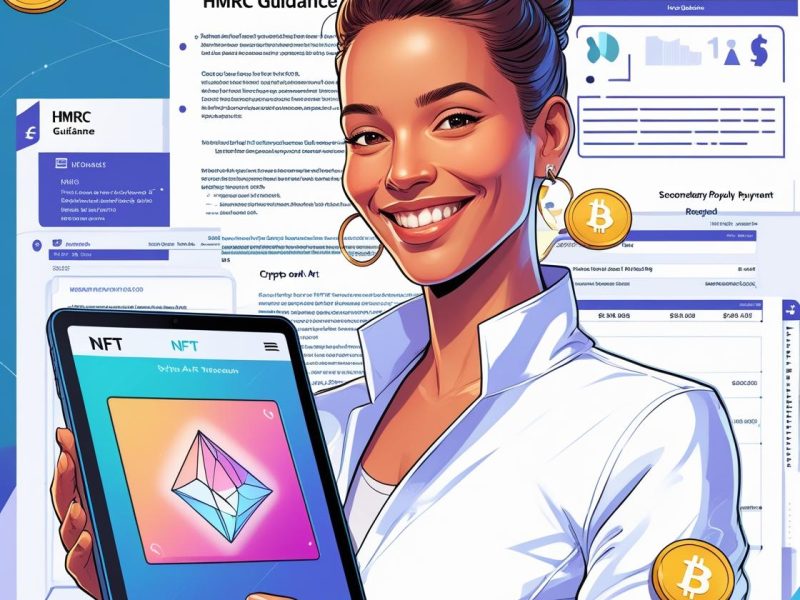 Professional illustration of an artist selling NFT art with a secondary royalty payment going to their wallet, HMRC guidance documents in the background, futuristic crypto tax theme.” Professional illustration showing NFT and DeFi tax reporting UK with HMRC NFT tax guidance, highlighting staking tax UK, airdrop tax UK, and UK VAT rules for NFTs place of supply, symbolizing compliance with crypto regulations.
